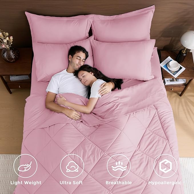 HEVUMYI Pink Full Comforter Set - 7-Piece All Season Bed in a Bag Full, Ultra Soft Bedding Set with Comforter, Flat Sheet, Fitted Sheet, Pillowcases, Pillow Shams, Pink