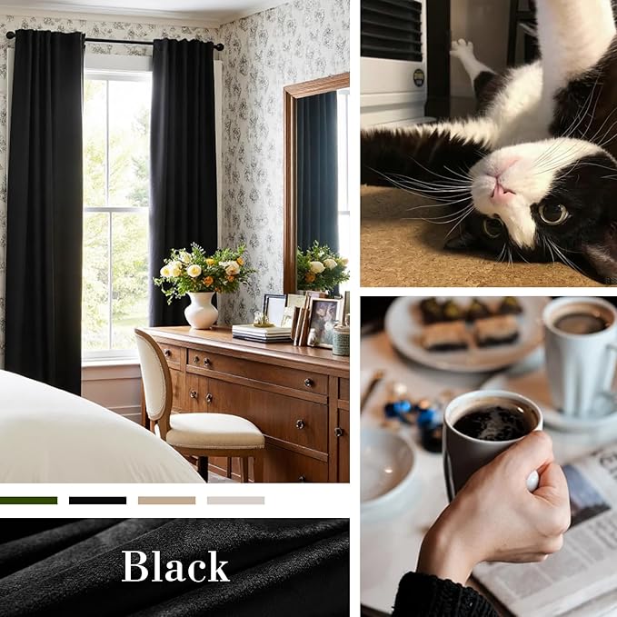 Lazzzy Velvet Blackout Curtains Thermal Insulated Room Window Drapes Super Soft Luxury Curtains for Living Room Bedroom Rod Pocket 2 Panels, Black, 52" W x 108" L