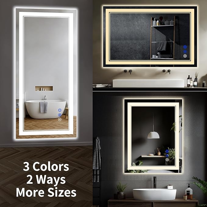48"x30" LED Bathroom Mirror with Anti-Fog, Stepless Dimmable Lights, 3 Color Modes, Shatter-Proof Tempered Glass, Memory Function & Waterproof Design