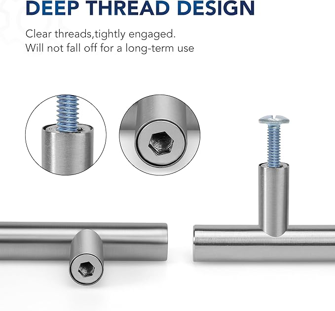 JOY DECOR 3 Pack Cabinet Handles, Brushed Nickel Cabinet Pulls, 3 in Hole Center Kitchen Cabinet Handles, Stainless Steel T Bar Handles for Dresser Drawers