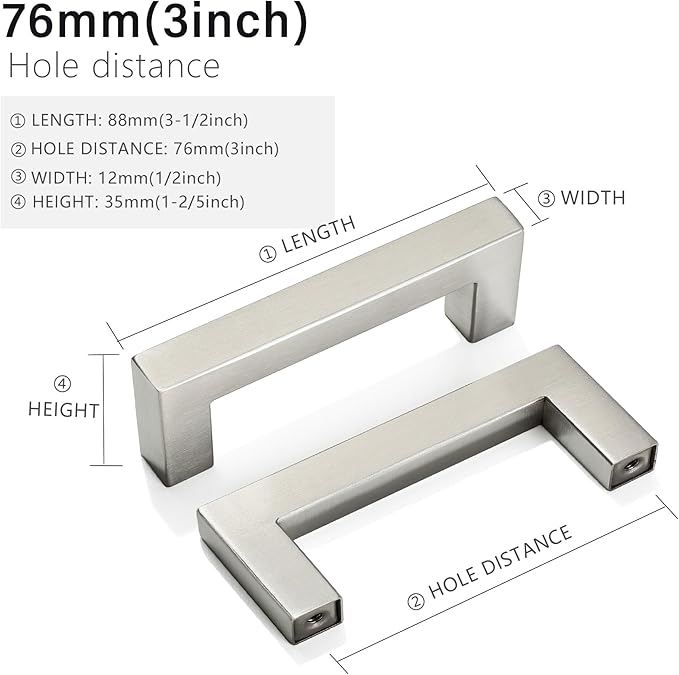 Cabinet Pulls Brushed Nickel Cabinet Handles Square Drawer Pulls, 20 Pack 3 Inch Stainless Steel Kitchen Door Cupboard Cabinet Handles, Cabinet Hardware Drawer Handles, 76mm Hole Centers