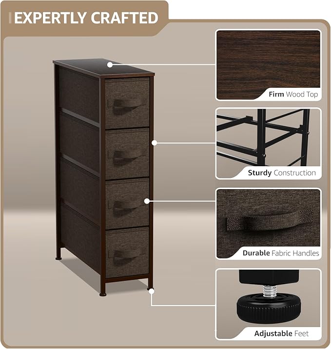 Sorbus Narrow Dresser with 4 Drawers - Vertical Slim Storage Chest of Drawers with Steel Frame, Wood Top & Easy Pull Fabric Bins for Small Spaces, Closets, Bedroom, Bathroom & Laundry (Brown)