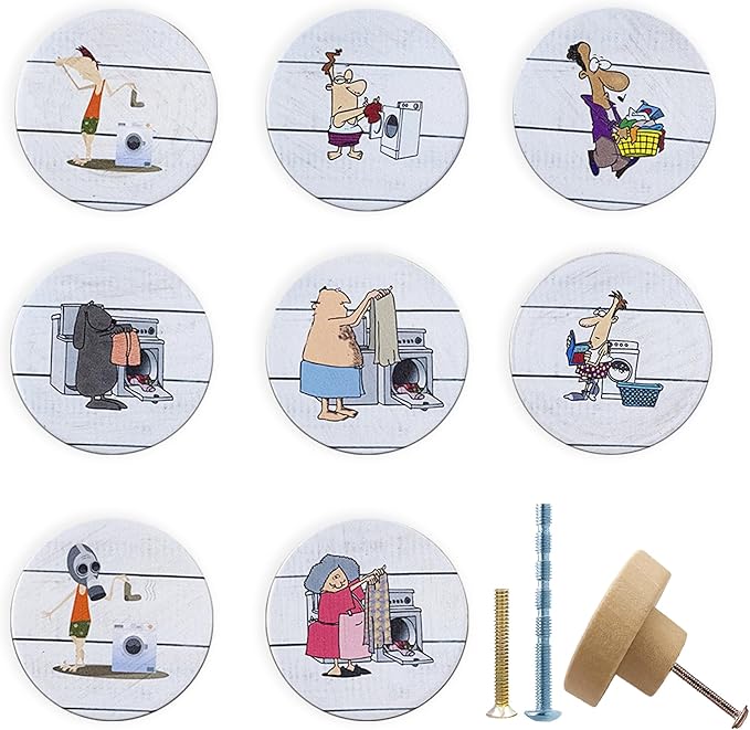 8 Pack Wooden Cabinet Knob 1-4/5inch Round Unique Fun Laundry Drawer Handles Room Knobs and Pulls