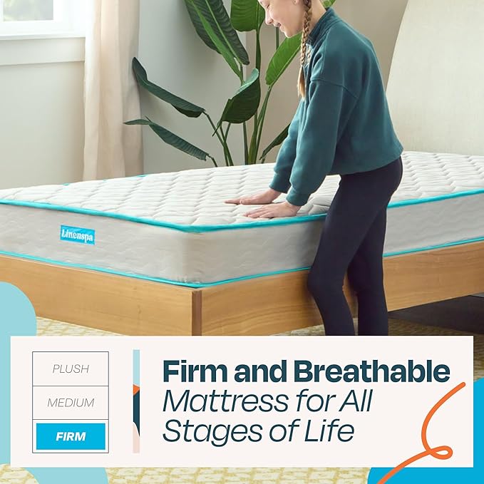 Linenspa 6 Inch Mattress - Firm Feel - Bonnell Spring with Foam Layer - Mattress in a Box - Youth or Kids Bed - Guest Bedroom - Durable and Breathable Support - Affordable - Twin Size