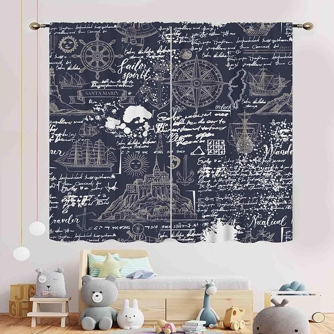 Vintage Nautical Curtains, Marine Coastal Sailboat Compass Anchor Ocean Beach Old Pirate Map Navy Blue Blackout Retro Drapes for Bedroom Living Room Kitchen Bathroom Window 2 Panels, 42"x45" Inch