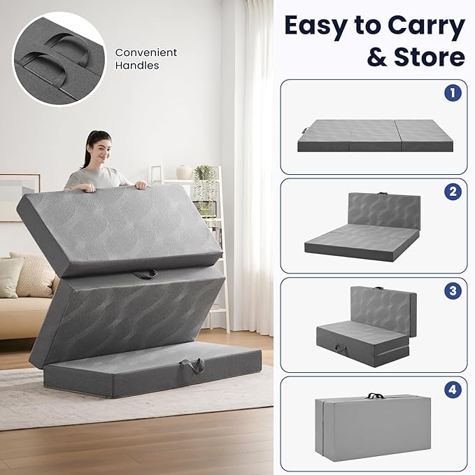 Foldable Mattress Cot 6 inch -Portable Grey Memory Foam Folding Matress with Washable Cover for Camping Travel Guest Room Home Use-Non-Slip&Easy Storage