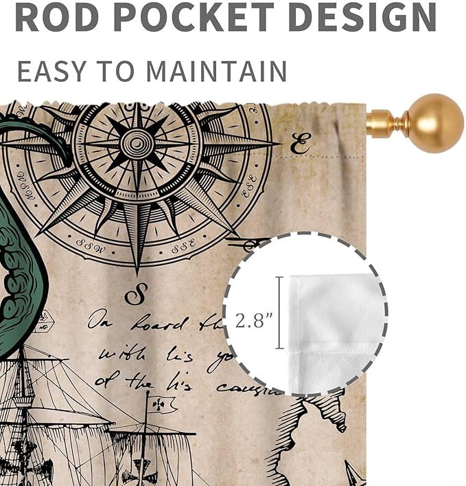 Nautical Octopus Curtains, Coastal Old Pirate Map Sailboat Compass Vintage Magic Ocean Kraken Octopus Tentacles Window Drapery Treatment for Bedroom Living Room Kitchen Bathroom 2 Panels, 42"x63" Inch