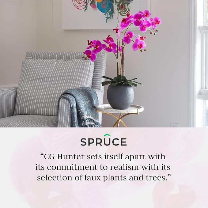 CG Hunter Faux Pink Orchid Plant, Premium Artificial Indoor Flower Display Stands 25-Inches with Beautiful Sculptural Blooms and Foliage That Lasts Forever, Grey Planter Pot Included