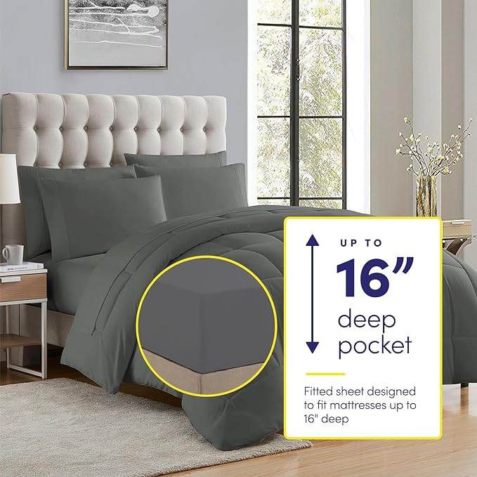 King Size Comforter Set with Sheets - 7-Piece Bedding Collection - 1 Comforter, 1 Fitted Sheet, 1 Flat, 4 Pillowcases - Deep Pocket - Soft & Breathable Premium Quality - Ideal for All Seasons, Gray
