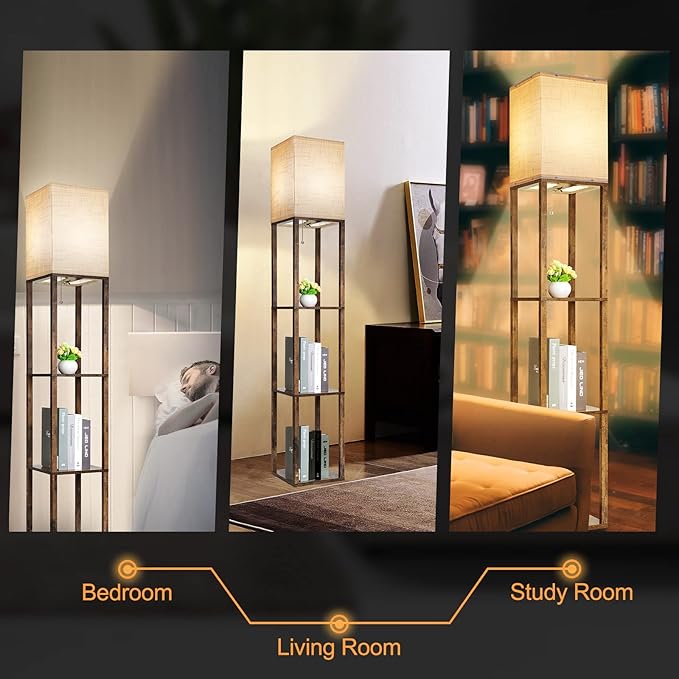 RUNTOP Floor Lamp with Shelves, Modern Shelf Lamp for Display Storage, 3 Color Temperature Wood Narrow Standing Corner Lamp with 8W Bulb for Living Room Decor, Bedroom, Office, Home Decor(Brown)