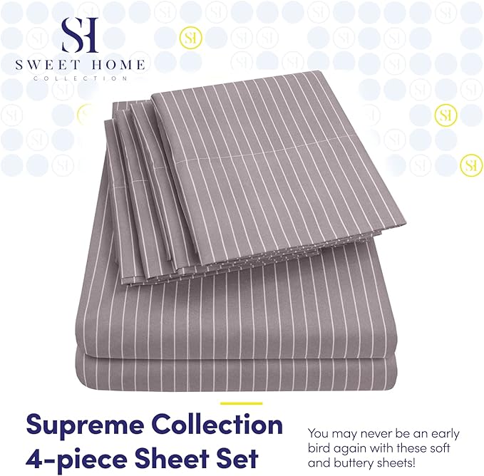 Twin Size Bed Sheets - 4 Piece 1500 Supreme Collection Fine Brushed Microfiber Deep Pocket Twin Sheet Set Bedding - 1 Extra Pillow Cases, Great Value, Twin, Pinstripe Gray (Pack of 2)