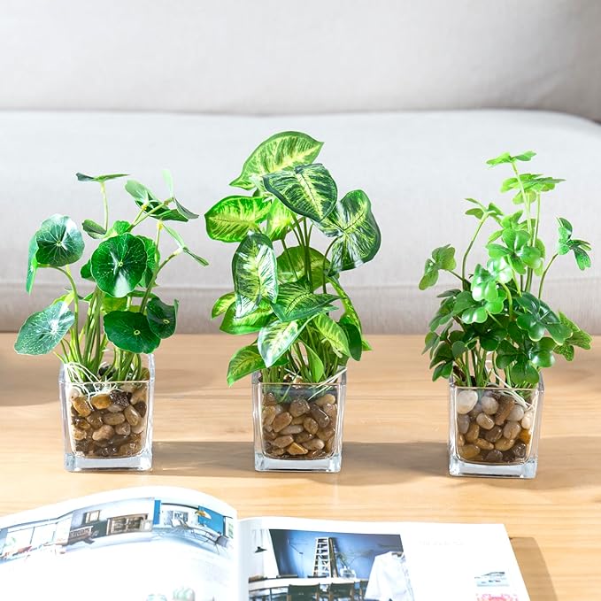 MyGift Set of 3 Fake Plants, Small Artificial Potted Plants Indoor in Clear Glass Pot, 9.5 Inch Faux Plant for Home Decor