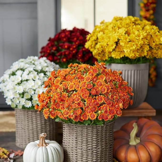 Artificial Mums for Outdoors, Faux Sunset Mum Flowers Planters for Indoor Outside Decor, Fake Look Real, Vibrant, UV Resistant, Waterproof, Windproof (Wine, 10 Bundle)