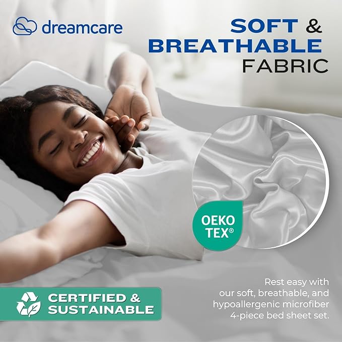 DREAMCARE California King Sheet Sets - Cooling Bed Sheets - 4pcs Set - up to 15" Deep Pocket Cal King Sheets - California King Sheets - Soft & Lasting 100% Brushed Polyester with Side Pocket - L Gray