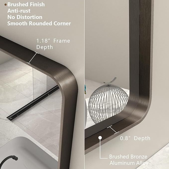 44x30 Bronze Bathroom Mirror, Brushed Metal Bathroom Vanity Mirrors for Wall, Rounded Corner Bronze Rectangle Mirror for Farmhouse, Bedroom, Anti-Rust (Horizontal/Vertical)