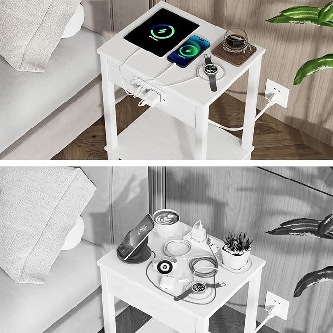 VIMBER Set of 2 End Table with Charging Station, Narrow Side Table with USB Ports and Outlets, Nightstands with 2-Tier Storage Shelves, Sofa Table for Small Space Living Room Bedroom, White UTBT102W2