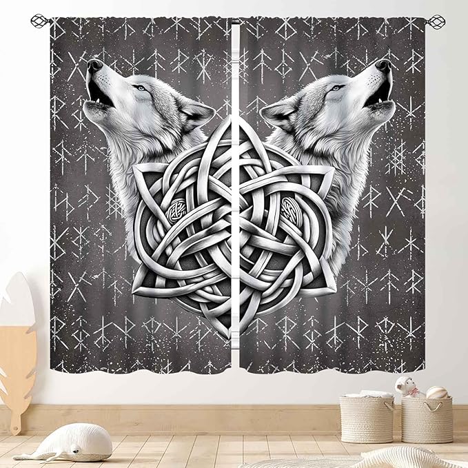Viking Curtains, Gothic Nordic Wolf Celtic Rune Scandinavian Viking Runes Norse Mythology Aesthetic Retro Drapery for Bedroom Living Room Bathroom Window 2 Panel Set, 63"x72" Inch