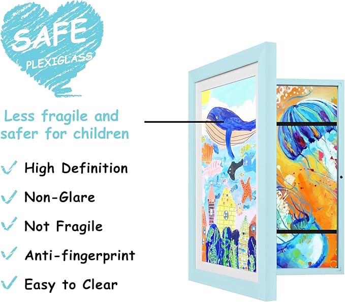 KINLINK A4 Kids Art Frames Set of 2, Solid Wood Kids Artwork Frames Changeable with Acrylic Front Opening Holds 150 Pictures, Art Frame for Kids Artwork with Mat or without Mat, Light Blue