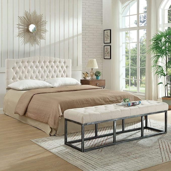 24KF Upholstered Tufted Button Linen Fabric Headboard,Comfortable Fashional Headboard Queen/Full Size,Ivory