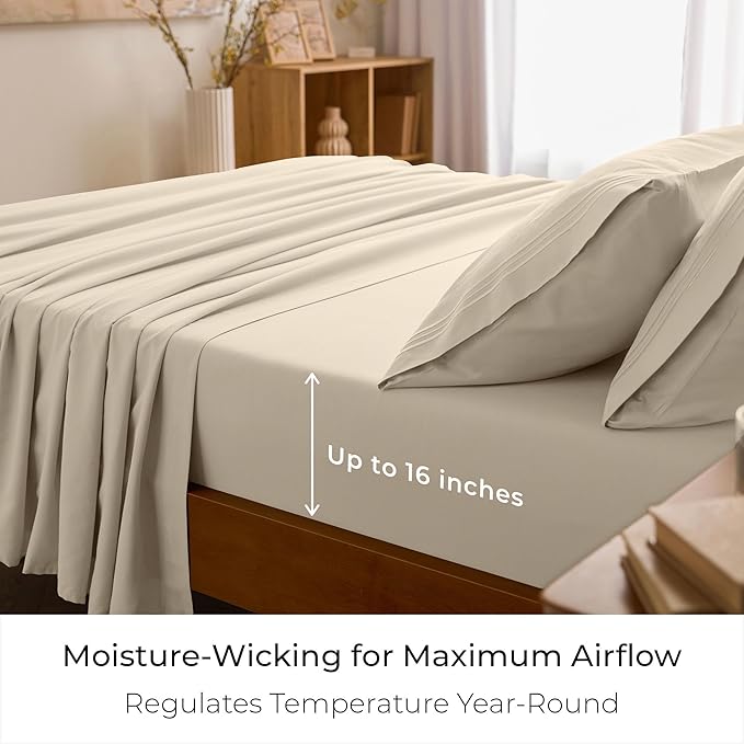 Mellanni Queen Sheets Set - 4 PC Iconic Collection Bedding - Hotel Luxury, Extra Soft, Cooling Bed Sheets - Wrinkle, Fade, Stain Resistant (Queen, Beige)