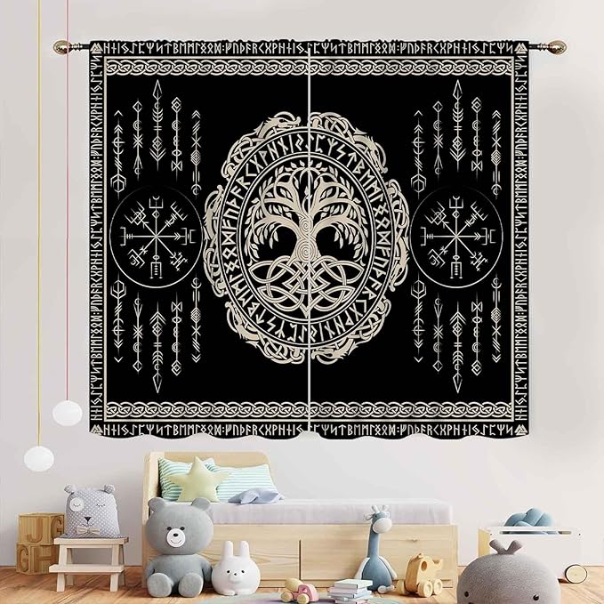 Viking Curtains, Nordic Tree of Life Celtic Rune Scandinavian Gothic Norse Mythology Aesthetic Retro Drapery for Bedroom Living Room Bathroom Window 2 Panel Set, 84"x84" Inch