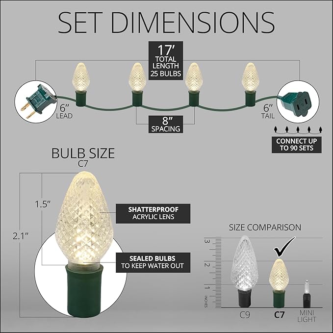 Wintergreen Lighting 25 C7 Warm White LED Christmas Lights – 17 ft Indoor Outdoor String Lights for Trees, Rooflines, and Events