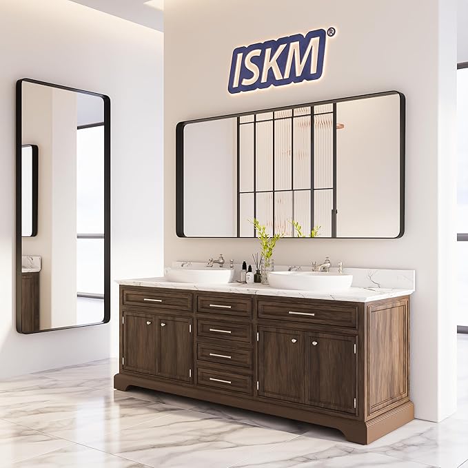 ISKM Black Framed Mirror for Wall 77"x 36", Large Bathroom Mirror Anti-Rust, Tempered Glass, Rounded Rectangle Mirror(Horizontal/Vertical)