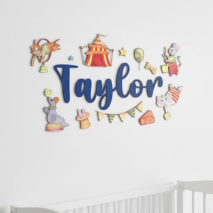 Custom Nursery Name Sign with Themed Decor Kit | Personalized Wooden Wall Art for Baby, Kids Room | Space, Jungle, Circus, Under the Sea, Woodland, Rainbow (60", Circus)