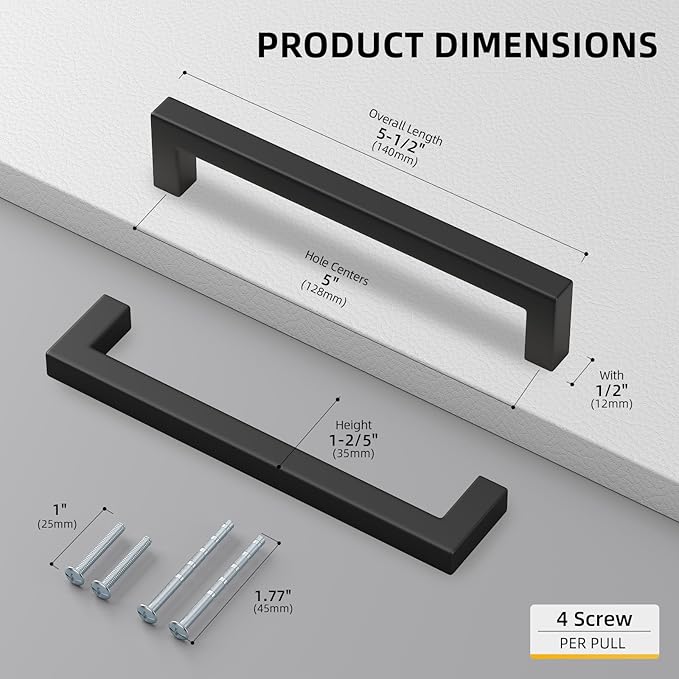 goldenwarm 100 Pack 5 Inch Black Cabinet Handles Matte Black Drawer Pulls Stainless Steel Cabinets Hardware Square Bar Modern for Kitchen Bathroom Cupboard