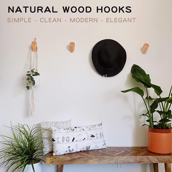 Wood Wall Hooks, 6 Pack Natural Wooden Coat Hooks Wall-Mounted, Rustic Heavy Duty Hook for Hanging Towels Coats Plants, Entryway Hat Hanger Wall Coat Rack (Beech Wood)