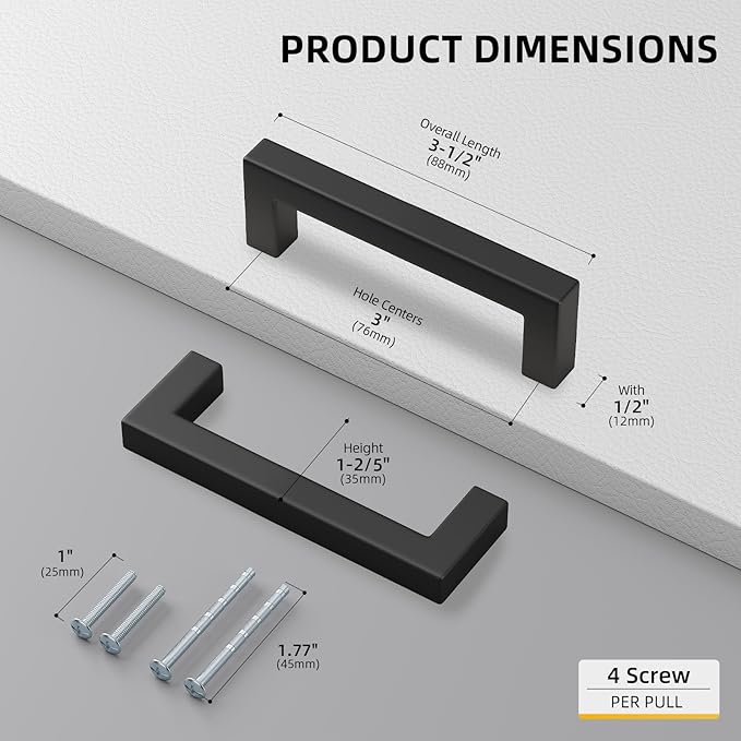 goldenwarm 200 Pack 3 Inch Black Cabinet Handles Matte Black Drawer Pulls Stainless Steel Cabinets Hardware Square Bar Modern for Kitchen Bathroom Cupboard