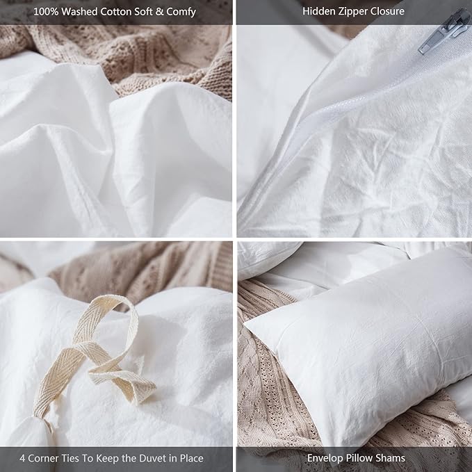 MooMee Bedding Duvet Cover Set 100% Washed Cotton Linen Like Textured Breathable Durable Soft Comfy (Solid Off White, Alaska King 132"x120")