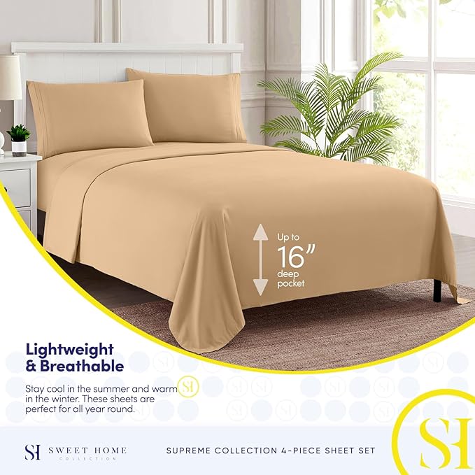 Split King Sheets - Breathable Luxury Sheets with Full Elastic & Secure Corner Straps Built In - 1800 Supreme Collection Extra Soft Deep Pocket Bedding Set, Sheet Set, Split King Size, Camel