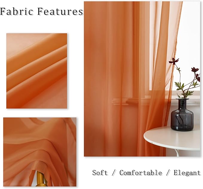 DUALIFE Burnt Orange Sheer Curtains 63 Inch Length for Bedroom 2 Panels Elegant Grommet Top Drapes Terracotta Sheer Curtain Panels for Living Room 52x63 Inches Long Rust