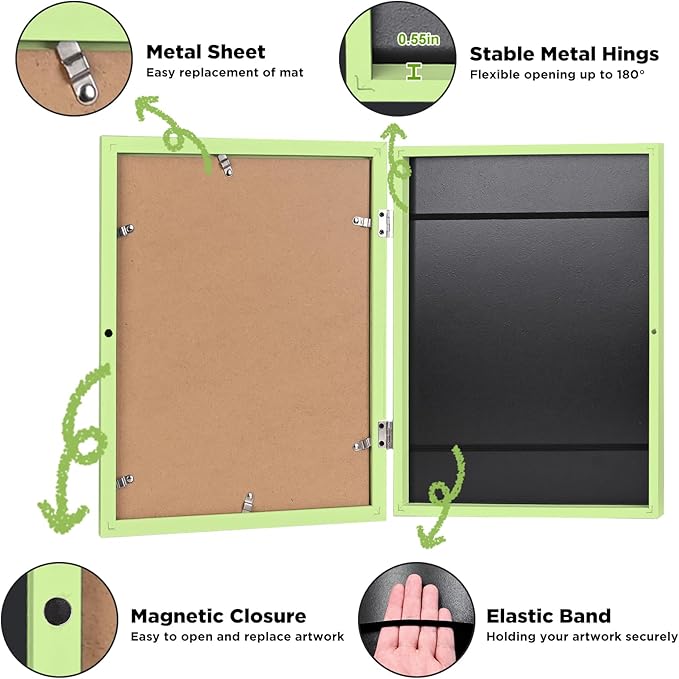 KINLINK 8.5x11 Kids Art Frames Set of 2, Solid Wood Kids Artwork Frames Changeable with Acrylic Front Opening Holds 150 Pictures, Art Frame for Kids Artwork with Mat or without Mat, Light Green