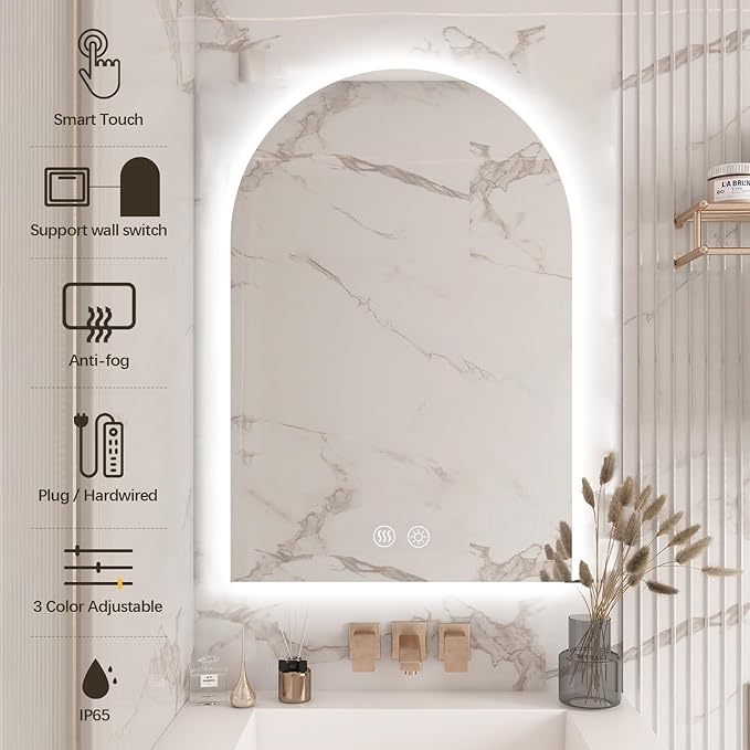 Niccy Arched LED Bathroom Mirror, 48x30 Inch Arch Frameless Backlit Mirrors for Wall Arched Lighted Vanity Mirrors Defogger and 3 Color, Explosion-Proof, HD Glass and IP65 Waterproof