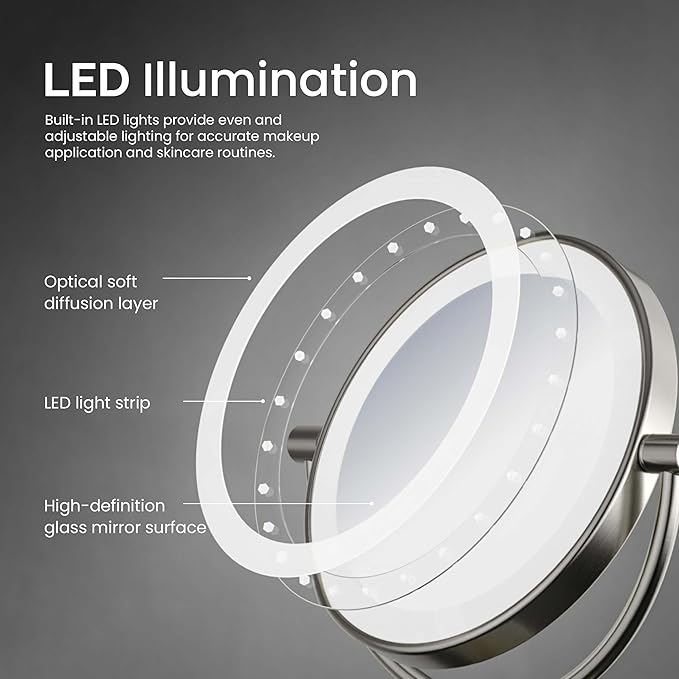 KIBI Circular Wall Mount Makeup Mirror with LED Lights, Dual-Sided 1x/5x Magnifying Mirror with Adjustable Arm, 360° Swivel, Solid Brass Construction for Durability and Style (Brushed Nickel, KMM101)