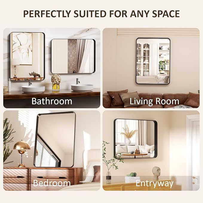 24×36 Black Bathroom Mirrors for Over Sink - Rectangular Wall Mirror with Rounded Corners & Metal Frame, Tempered-Glass Entryway Wall Decor for Bedroom, Living Room, Vanity, Horizontal/Vertical