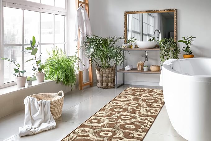 Custom Length Cut to Size Modern Farmhouse Carpet Runner Rug for Hallways, Non Slip Rubber Backed, 31 inch Wide X Customized Length, Geo Brown, 31 inch X 7 feet