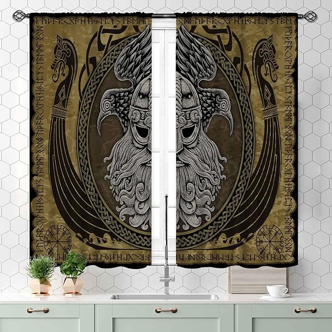 Norse Viking Curtains, Nordic Warriors Sword Celtic Rune Scandinavian Aesthetic Nation Valknut Mythology Window Drapery for Bedroom Living Room Bathroom 2 Panels, 55x39 Inch