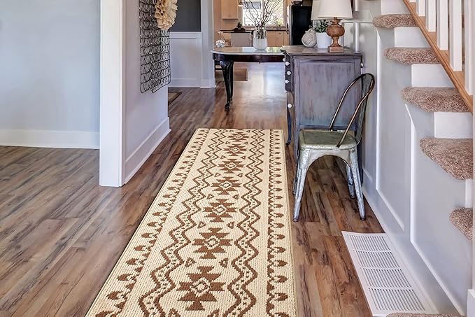 Custom Length Cut to Size Tribal Ethnic Southwestern Inspired Hallway Runner Rug, Non Slip Rubber Backed, 31 inch Wide X Customized Length, Aztec Beige, 31 inch X 8 feet