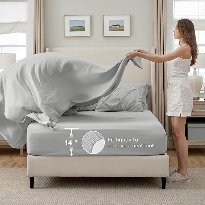 Bedsure Twin Comforter Set Light Grey - Bed in a Bag Twin Size Bedding 5 Pieces, GentleSoft™ Pintuck Bed Set Gift for Family, Pinch Pleat Light Grey Comforter with Sheets, Pillowcase & Sham