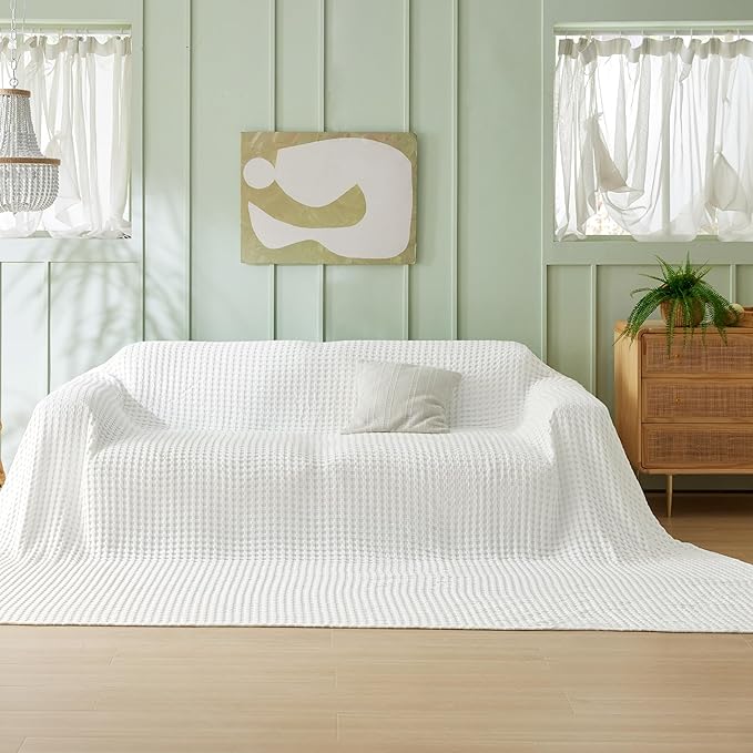 Bedsure Cooling Cotton Waffle Oversized King Blanket - Lightweight Breathable Blankets Rayon Derived from Bamboo for Hot Sleepers, Luxury Throws for Bed and Sofa, Ivory, 120x96 Inches