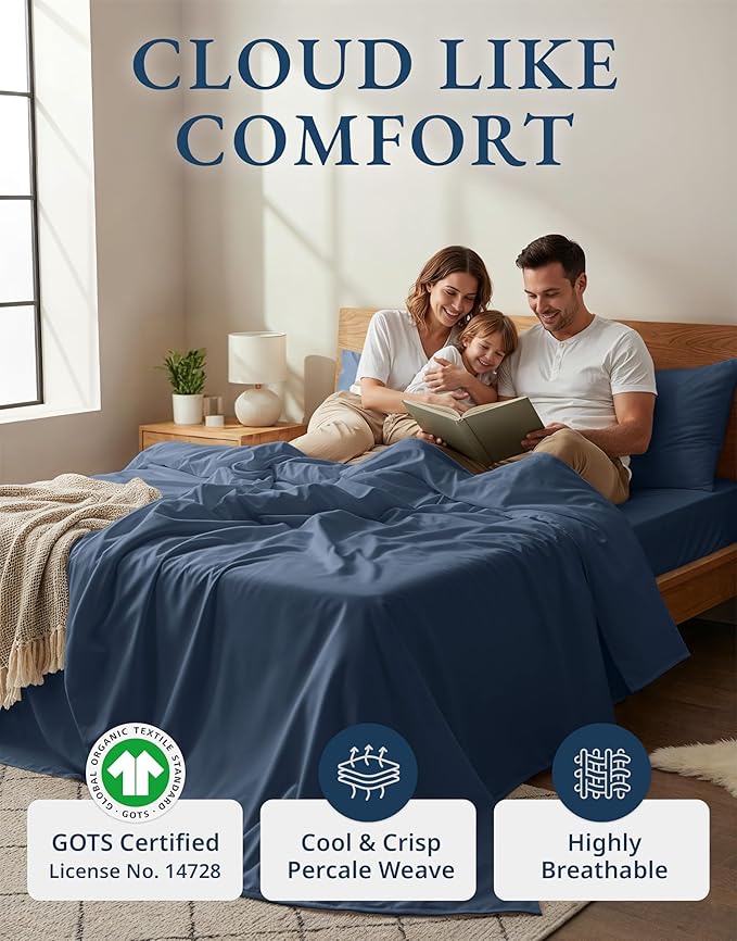 LANE LINEN 100% Organic Cotton Sheets for King Size Bed - Soft Percale Sheets, Breathable Luxury Hotel Style Machine Washable Fully Elasticized Mercerized 15" Deep Pocket King Sheet Set- Estate Blue