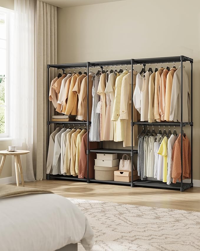 SONGMICS Portable Closet, Freestanding Closet Organizer, Clothes Rack with Shelves, Hanging Rods, Storage Organizer, for Cloakroom, Bedroom, 80.7 x 17.1 x 65.4 Inches, Black URYG035B01