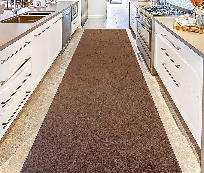 Custom Size Modern Geometric Pattern Carpet Runner Rug for Hallways, Slip Resistant Latex Rubber Backed, 31 inch Wide X Customized Length, Circles Brown, 31 inch X 5 feet