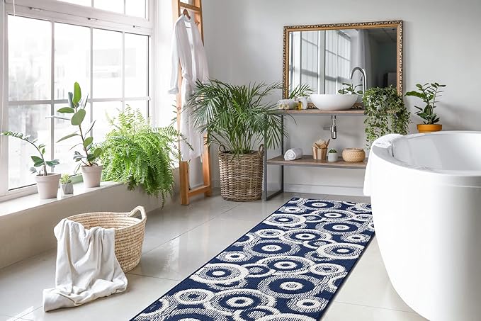 Custom Length Cut to Size Retro Modern Coastal Carpet Runner Rug for Hallways, Non Slip Rubber Backed, 31 inch Wide X Customized Length, Geo Blue, 31 inch X 7 feet