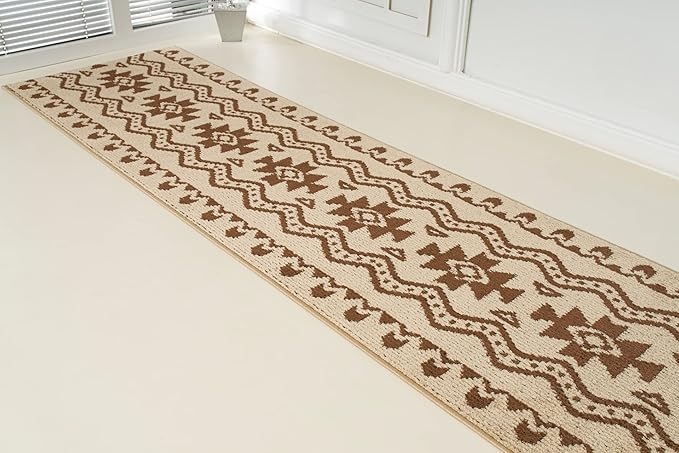 Custom Length Cut to Size Tribal Ethnic Southwestern Inspired Hallway Runner Rug, Non Slip Rubber Backed, 31 inch Wide X Customized Length, Aztec Beige, 31 inch X 16 feet