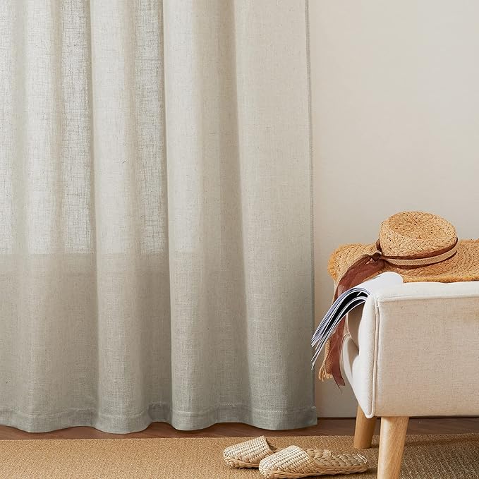 RYB HOME Flax Linen Textured Curtains Semi Sheer Curtains & Drapes Tightly Woven UV Rays Protected Drapery for Room Divider, Party, Lobby Sliding Door, 52 Wide by 120 inch Long, 2 Panels Set, Angora