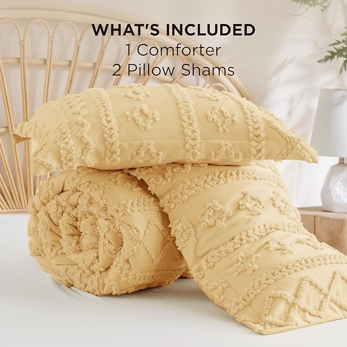 Bedsure Tufted Boho Comforter Set King Size - Yellow Boho Bed Set, GentleSoft™ 3 Pieces Farmhouse Shabby Chic Embroidery Bedding, Gifts for Woman, Soft Jacquard King Comforter for All Seasons